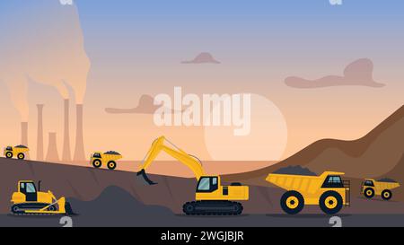 Quarry landscape. Quarry heavy vehicles. Mine production, stone quarrying process. Vector illustration. Eps 10. Stock Vector
