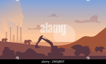Quarry landscape. Quarry heavy vehicles. Mine production, stone quarrying process. Vector illustration. Eps 10. Stock Vector