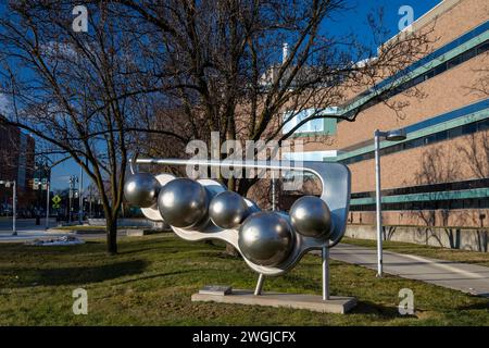 Detroit, Michigan - Artwork on the campus of Wayne State University. The untitled sculpture, by Ed Sykes, is dedicated to Professor Andrzej Olbrot, wh Stock Photo