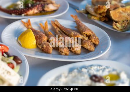 fried red mullet fish plate on table Stock Photo