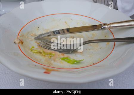 dirty white plate with a spoon and fork closeup. Finished meal in the restaurant Stock Photo