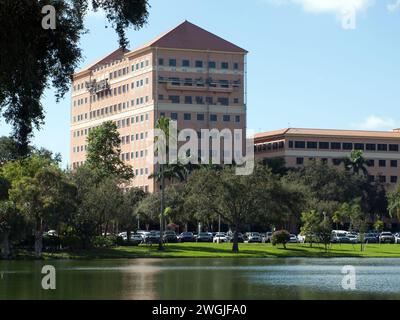 Miami, Florida, United States - November 20, 2023: Renovation of the tower of the main building of the Baptist Hospital in Kendall. Stock Photo
