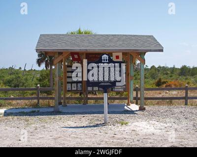 Jonathan Dickinson State Park, Florida, United States - May 5, 2012: Marker and kiosk of Camp Murphy a military training base during WW2. Stock Photo