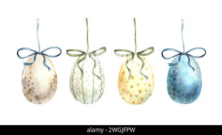 Set of watercolor Easter eggs with bows and ribbons. Easter holiday illustration hand drawn. Sketch on isolated background for greeting cards, invitat Stock Photo