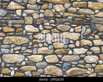 irregular texture of old yellow stone wall outside Stock Photo