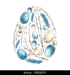 Watercolor composition in the form of an Easter egg in blue and white shades: willow, eggs, feathers and butterflies. Hand drawn illustrations on isol Stock Photo