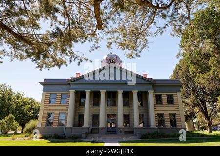Fort Davis, TX - Oct. 11, 2023: The Jeff Davis County Courthouse is constructed in Classic Revival style with columned porticoes on two sides and a Be Stock Photo