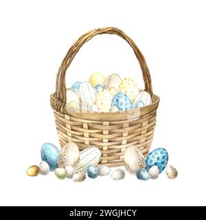 Watercolor Easter wicker brown basket with beautiful multi-colored Easter eggs. Hand drawn illustrations on isolated background for greeting cards, in Stock Photo