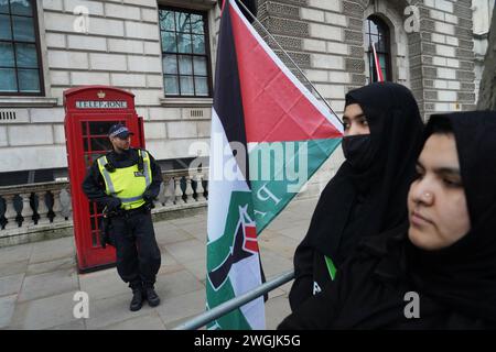 A police officer stand in front of a red phone box while two muslim women stand by a Palestinian flag at a pro-palestinian rally in Whitehall. Stock Photo