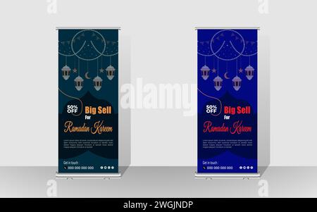 Happy Ramadan Roll Up Banner design. Ramadan special food design banner. Ramadan Kareem Food Menu Sell Rollup Template. Stock Vector