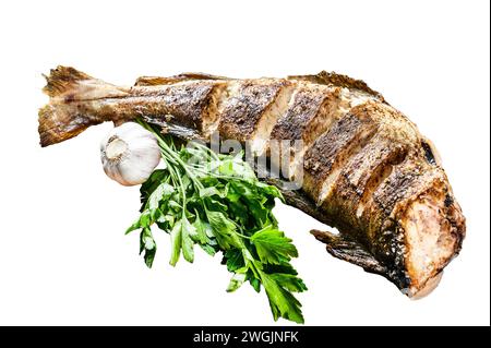 Cooking grilled haddock fish Isolated on white background. Top view Stock Photo