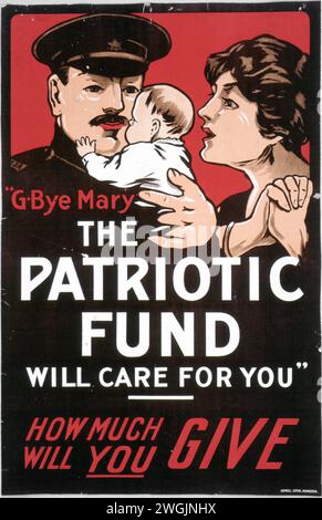 World War One Vintage Canadian War time Poster for the Patriotic Fund, showing a soldier saying good-buy to baby as he heads to the Front Stock Photo