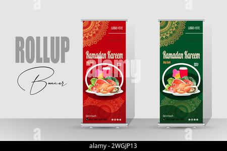 Happy Ramadan Roll Up Banner design. Ramadan special food design banner. Ramadan Kareem Food Menu Sell Rollup Template. Stock Vector