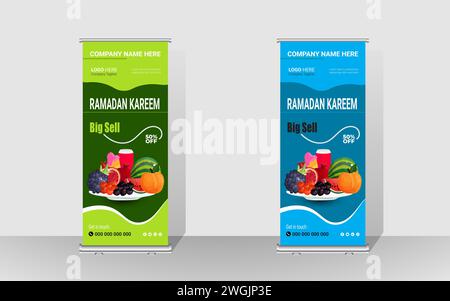 Happy Ramadan Roll Up Banner design. Ramadan special food design banner. Ramadan Kareem Food Menu Sell Rollup Template. Stock Vector