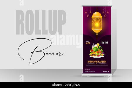 Happy Ramadan Roll Up Banner design. Ramadan special food design banner. Ramadan Kareem Food Menu Sell Rollup Template. Stock Vector