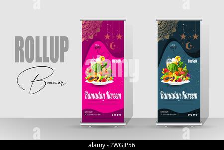 Happy Ramadan Roll Up Banner design. Ramadan special food design banner. Ramadan Kareem Food Menu Sell Rollup Template. Stock Vector