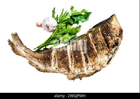 Cooking grilled haddock fish. Isolated on white background. Top view Stock Photo