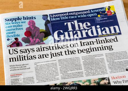 5 February 2024.  Guardian headline reads US says airstrikes on Iran-linked militias are just the beginning. Stock Photo