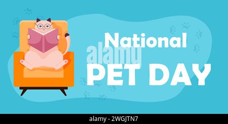 National pet day banner with cute cat. Smart cat with glasses sits in a chair and reads a book. Design for social media post, cards and banners Stock Vector