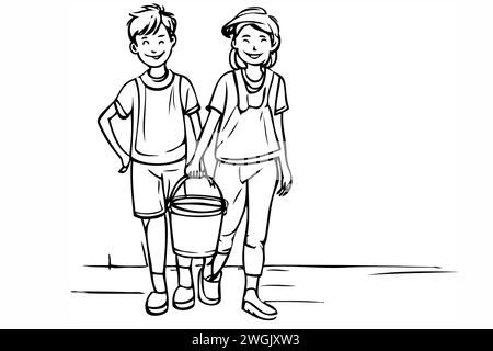 Minimalist icons, cartoon drawings Jack and Jill, black and white, isolated on white. Teens hand in hand Stock Photo