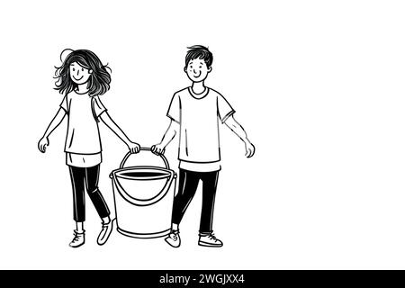 Minimalist icons, cartoon drawing Jack and Jill, black and white, isolated on white. Holding a big bucket between them. Stock Photo