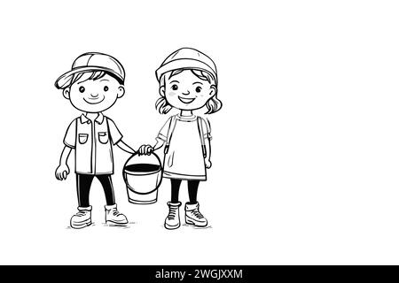 Minimalist icons, cartoon drawings Jack and Jill, black and white, isolated on white. Children Stock Photo