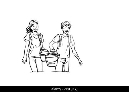 Minimalist icons, cartoon drawings Jack and Jill, black and white, isolated on white. Young Adults two buckets Stock Photo