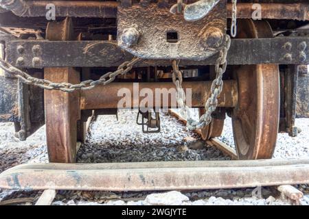 under the wheels of a rusty vintage railway cart from the Rhodesian era Stock Photo