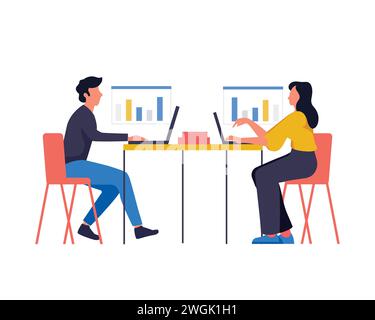 Man and woman at work. Couple sitting in office and looking for information on Internet. Computer work, discussion. Employees, workflow. Flat vector Stock Vector