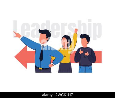 Business leader running with team in right direction, showing way to success and achievement of goals. Teamwork employee cooperation. Flat design Stock Vector