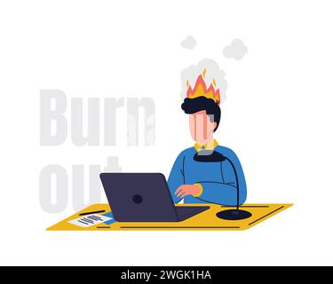 Businessman working with laptop fire coming out of head. Displeasure with computer work, overworked employee. Frustrated worker mental health problems Stock Vector