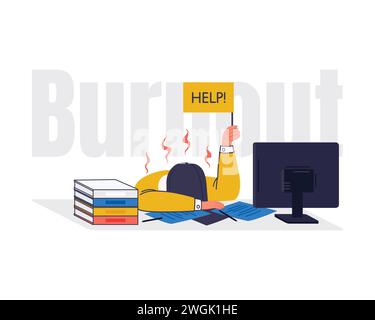 Professional burnout syndrome. Exhausted sick tired male manager in office sad boring sitting with head down on a desk Stock Vector
