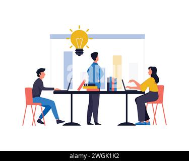 Business Meeting Teamwork Concept. Businessman and Woman Characters with Laptop. Colleagues Characters Communicating Brainstorming, Discussion Idea. Stock Vector