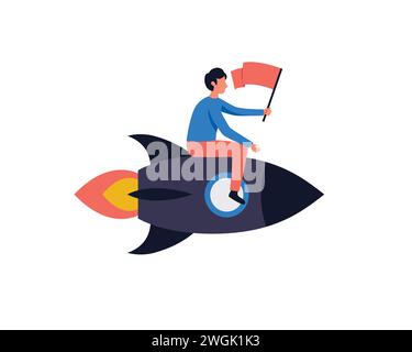 Business Man Riding Rocket while holding red flag cartoon Illustration.Business people with technology concept . Flat Cartoon Style vector design Stock Vector