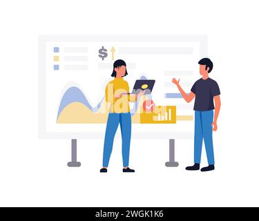 Business people work with financial charts on dashboard. Tiny analysts monitoring statistics, exchange report of stock market and control sales Stock Vector