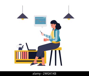 businesswoman have a cup of coffee and looking at the sales data on a smartphone and laptop computer in the workplace. Business management vector Stock Vector