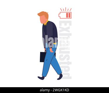 Low energy and tiredness concept. Young stressed tired businessman walking with briefcase and low battery feeling down vector illustration Stock Vector