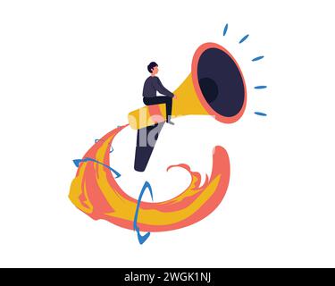 The concept of public relations, refer a friend, share information. illustration of a man riding on a megaphone and using  it to make an announcement. Stock Vector