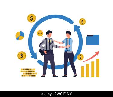 Two business partners are shaking hands. The investor investing money to idea and startup. Partnership and deal concept. Modern vector illustration. Stock Vector