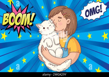cute cat and people pop art style vector image Stock Vector