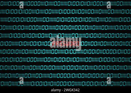 Red word "Password" hidden in the middle of a binary code sequence. Stock Photo