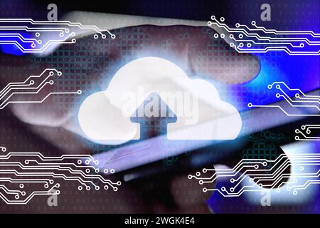 Businessman hands holding smartphone with cloud computing interface. Global business and information technology concept Stock Photo