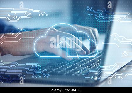 Businessman hands using laptop and cloud computing interface. Global business and information technology concept Stock Photo