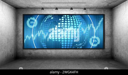 Virtual business hologram with stock charts on digital screen. Concrete dark room. Virtual reality and global networking concept. 3d rendering Stock Photo