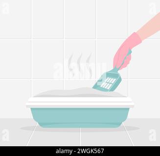 A hand in a rubber glove with a spatula cleaning the cat litter box in the bathroom. Flat vector illustration Stock Vector