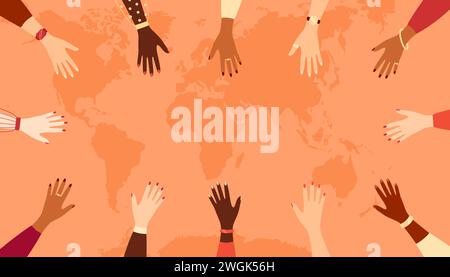 Outstretched hands of women of different nationalities on the background of a world map, copy space. Vector illustration in flat style Stock Vector