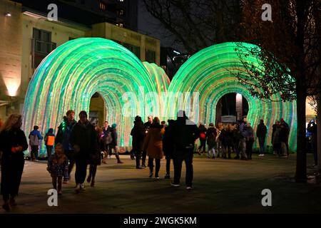Series of giant inflatable arches at night, “Elysian” by Atelier Sisu part of Bristol Light Festival 2-11 Feb 2024, Stock Photo