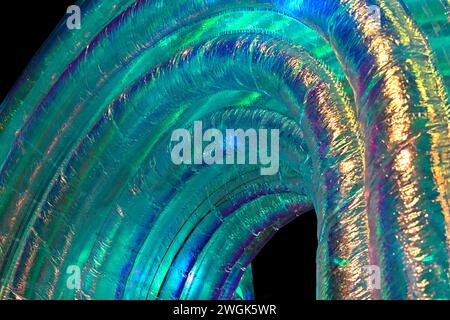 Series of abstract giant inflatable arches in Quakers Friars at night, “Elysian” by Atelier Sisu part of Bristol Light Festival 2-11 Feb 2024, up clos Stock Photo