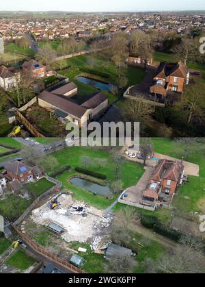 A composite image of the before (dated 04/01/24) and after demolition of an unauthorised spa pool block at the home of Hannah Ingram-Moore, the daughter of the late Captain Sir Tom Moore, at Marston Moretaine, Bedfordshire. Picture date: Monday February 5, 2024. Stock Photo