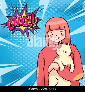 cute cat and people pop art style vector image Stock Vector